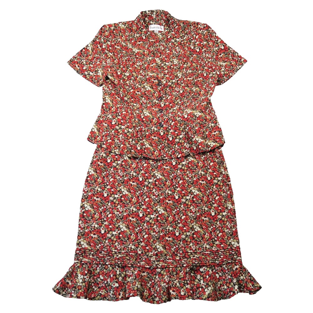 Danny & Nicole Skirt Top Set 10 Red Micro Floral Ruffle Button Shoulder Pad Vtg